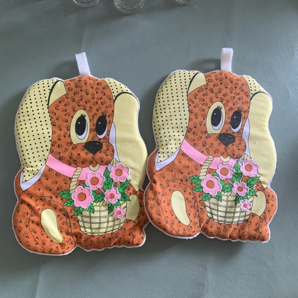 Vintage Cute Dog Pot Holders with Floral Basket